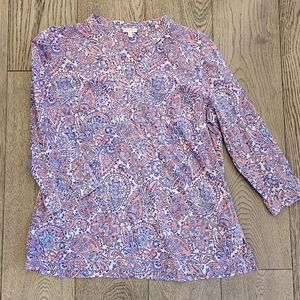 Talbots Band Collar Tunic Popover Size L Pink Blue Paisley Poplin Fabric